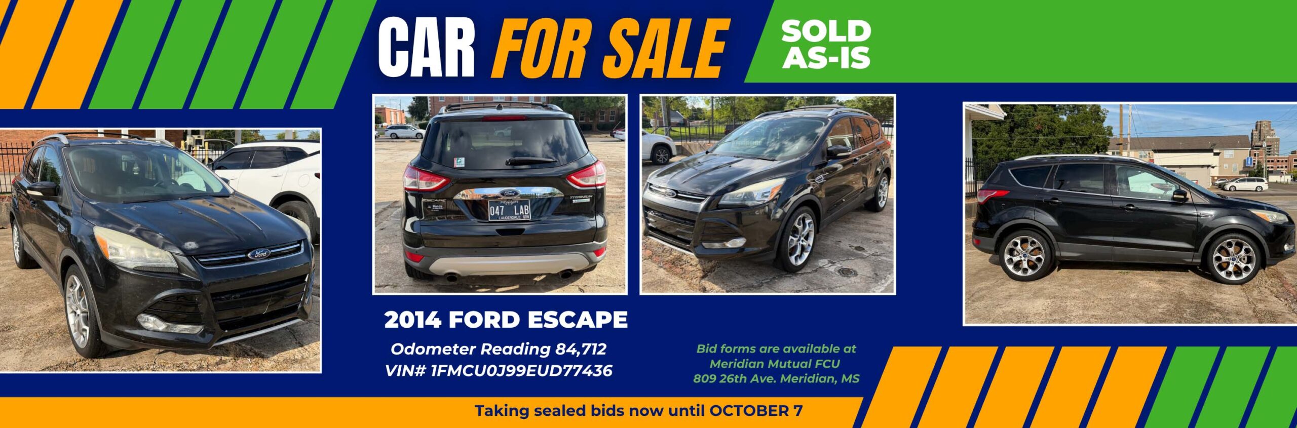 2014 Ford Escape for sale. Bid forms available at 809 26th Ave. Meridian, MS
